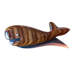 Vintage Mid Century Modern Wood Copper Whale Fish Brooch Pin